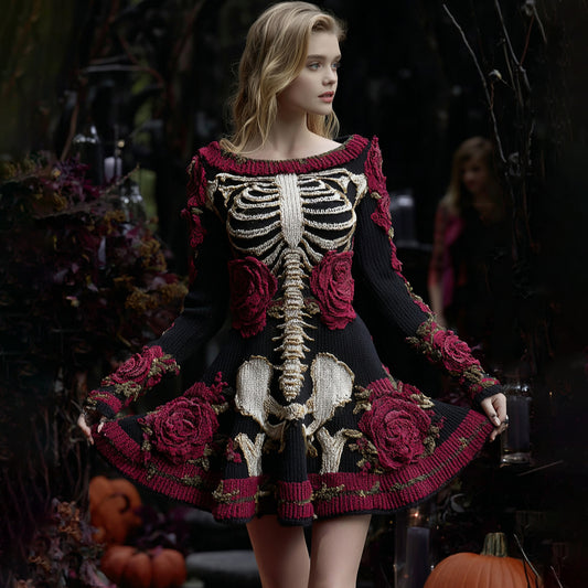 Women's Vintage Floral Skull Pattern Knit Mini Sweater Dress