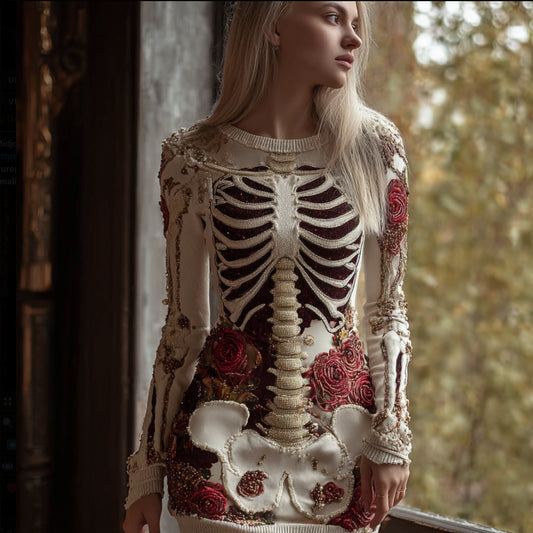 Women's Halloween Skeleton Rose White Mini Skirt