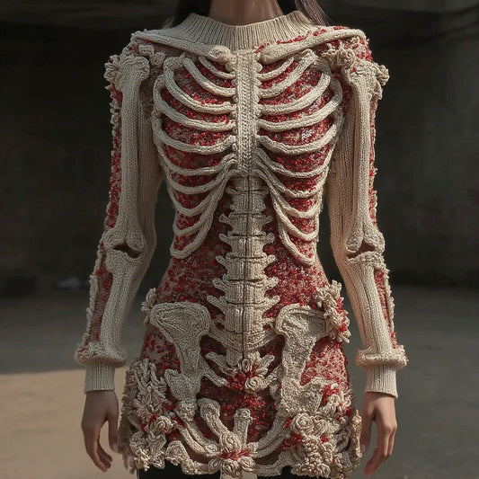 Women's Vintage Skull Floral Art Cozy Sweater Dress