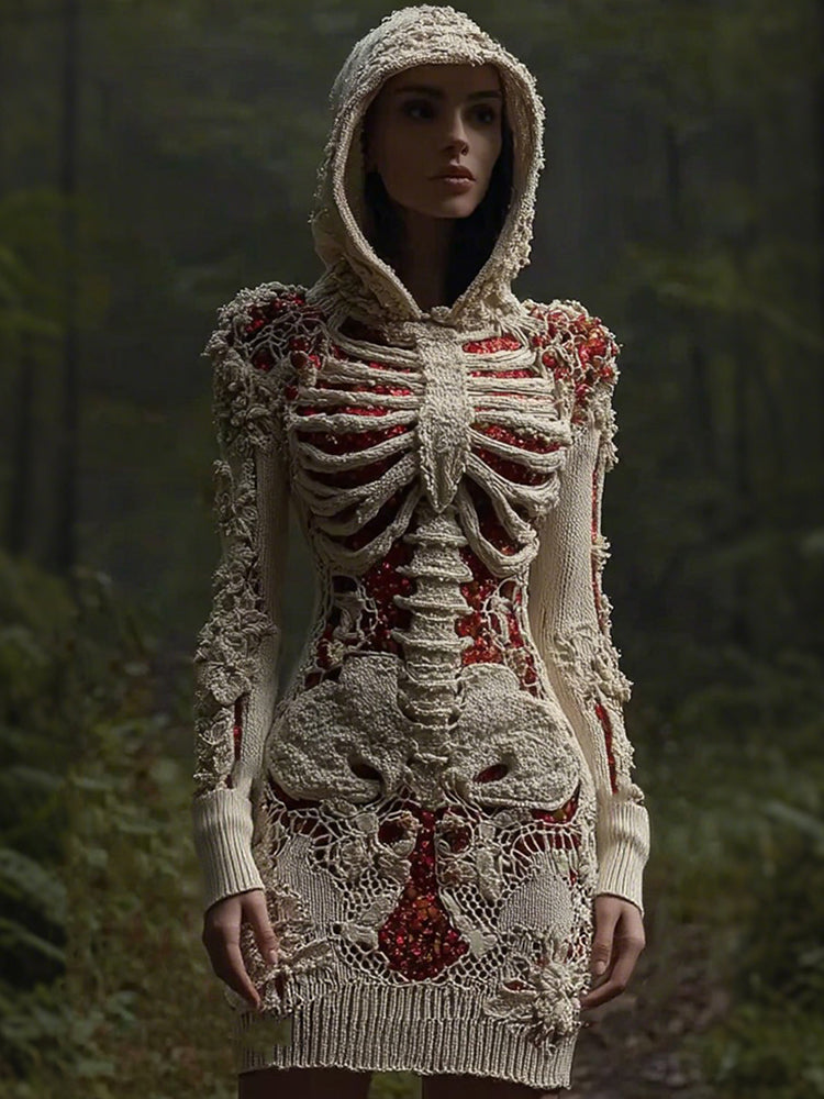 Women's Halloween Sequined Skull Pattern Comfortable Knit Hooded Mini Skirt