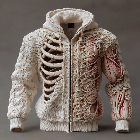 Men's Halloween Skull And Muscle Art Knit Zippered Jacket