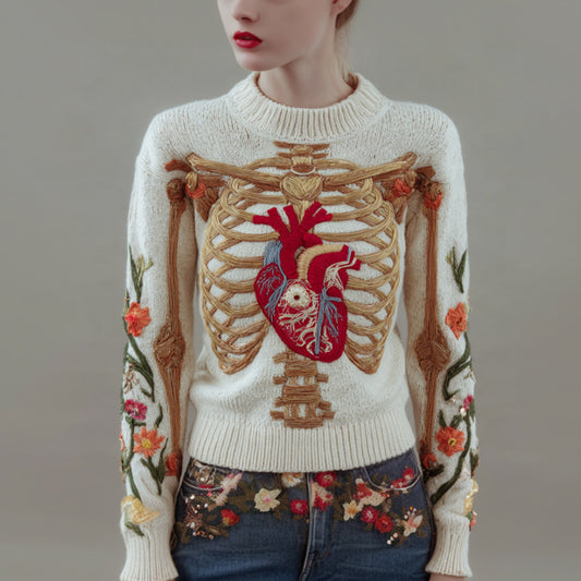 Women's Halloween Anatomy Art And Flower Vintage Round Neck Sweater