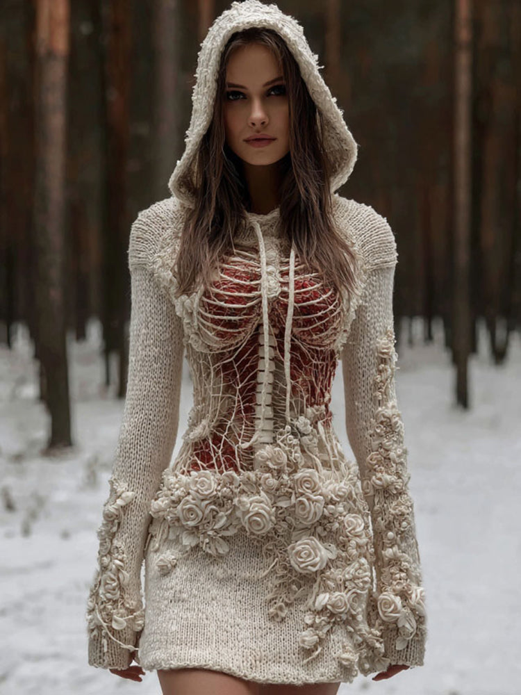Women's Vintage Halloween Skeleton & Rose Art Cozy Sweater Hooded Dress