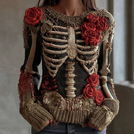 Women's Vintage Skeleton Red Rose Art Knit Pullover Sweater