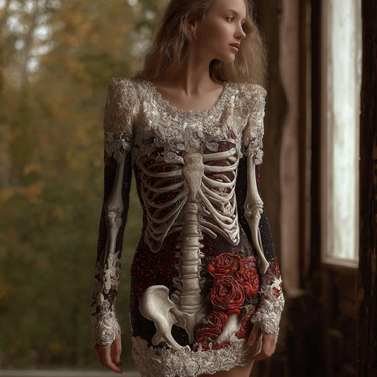 Women's Halloween Skeleton And Rose Dark Round Neck Mini Skirt