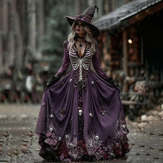 Vintage Witch Skull Rib Rose Pattern V-neck Maxi Dress