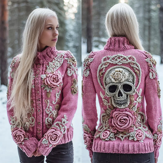 Skull & 3d Floral Knit Art Women's Stand Collar Sweater