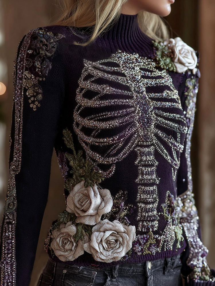 Women's Halloween Bloody Floral & Skeleton Art Turtleneck Slim Sweater