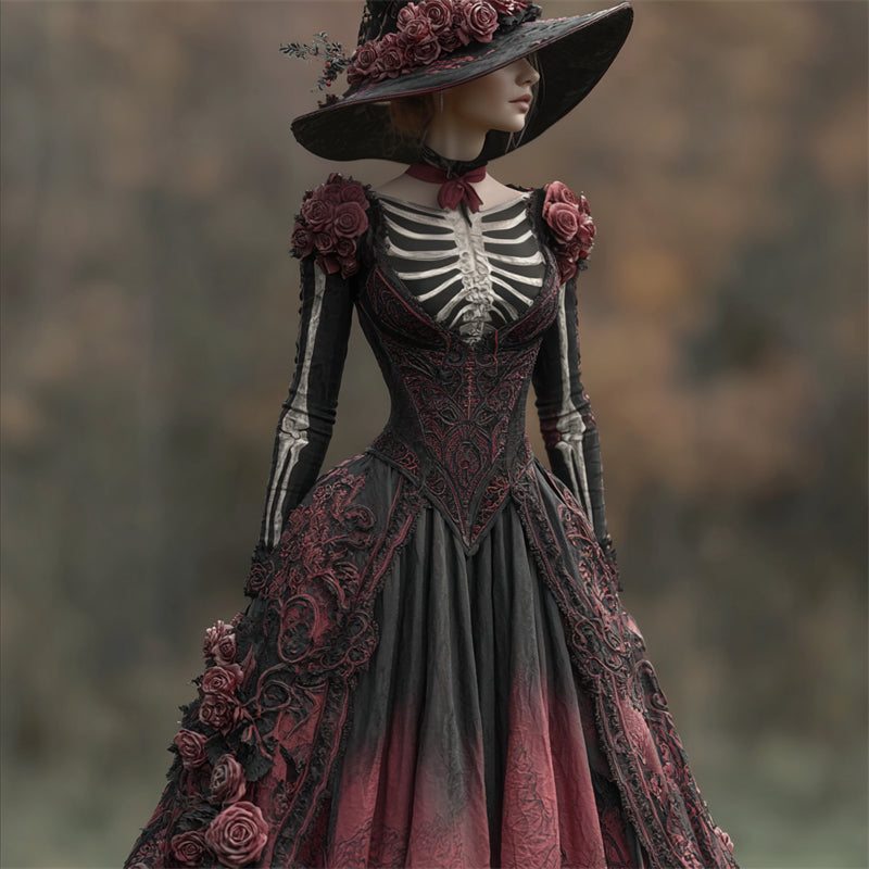 Vintage Halloween Skeleton Scarlet Roses Gradient Linen Maxi Dress