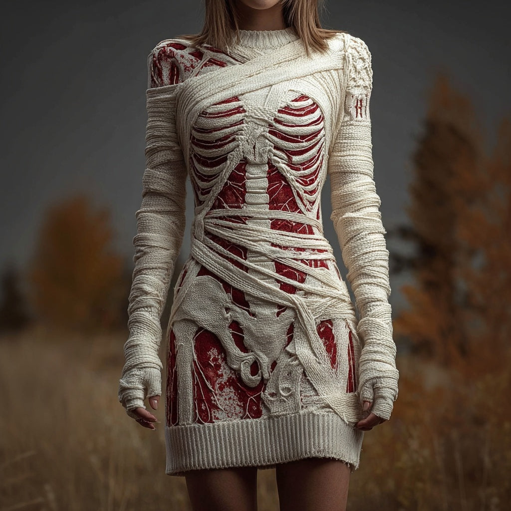 Vintage Halloween Skeleton Bandage Art Cozy Sweater Dress