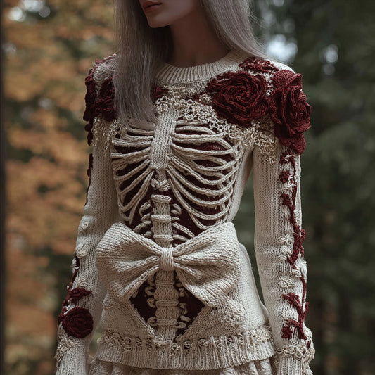 Women's Halloween Skeleton Art Bow Embroidery Vintage Round Neck Sweater