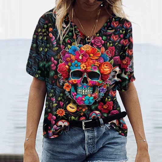 Mexican Sugar Skeleton Day Of The Dead Inspired Art Inspired Painting V-Neck T-Shirt