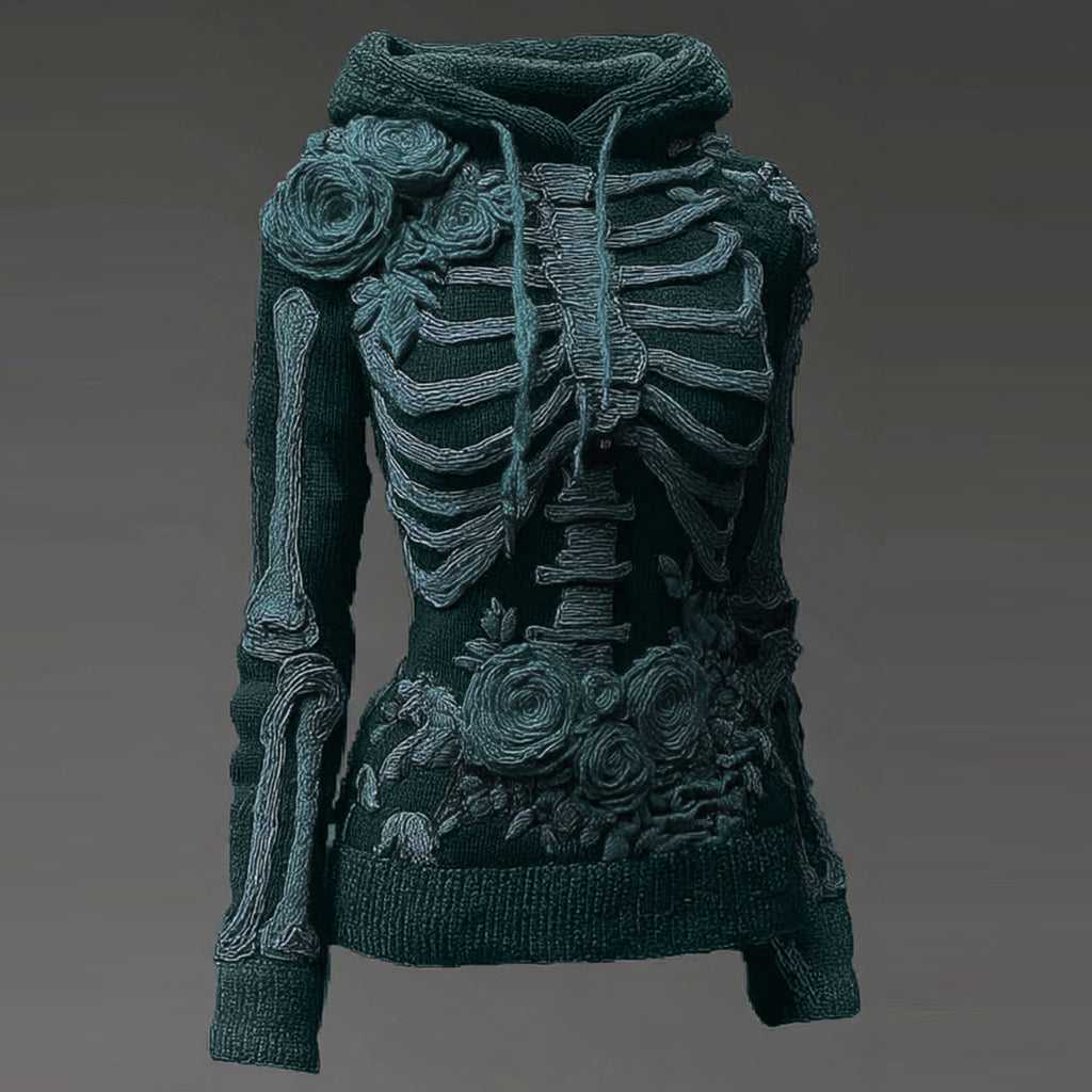 Vintage Halloween Anatomy And Rose Art Knit Hooded Sweater