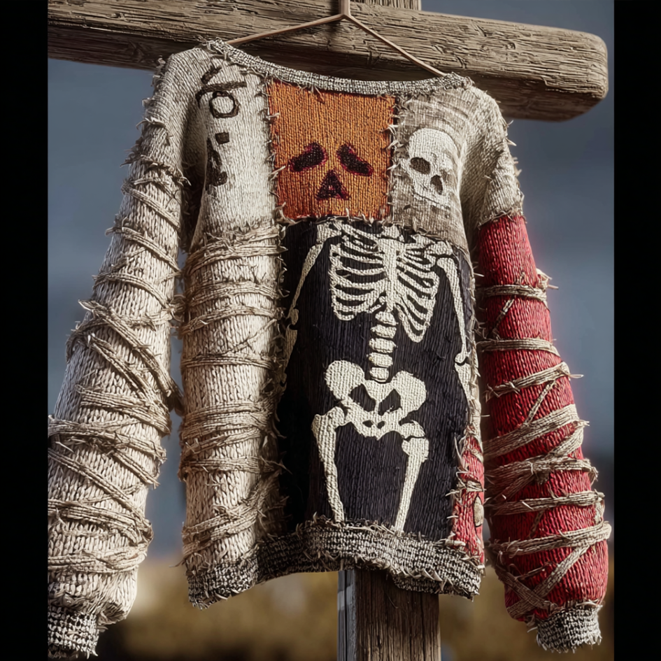 Halloween Skeleton Man Pattern Knit Round Neck Sweater