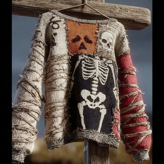 Halloween Skeleton Man Pattern Knit Round Neck Sweater