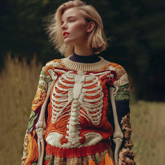 Vintage Halloween Human Anatomy Art Sense Thick Needle Round Neck Sweater
