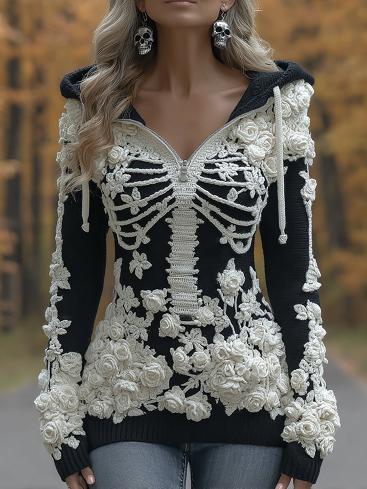Women's Halloween Skeleton Bones With Roses Art Knitted Warm Half-neck Hooded Sweater