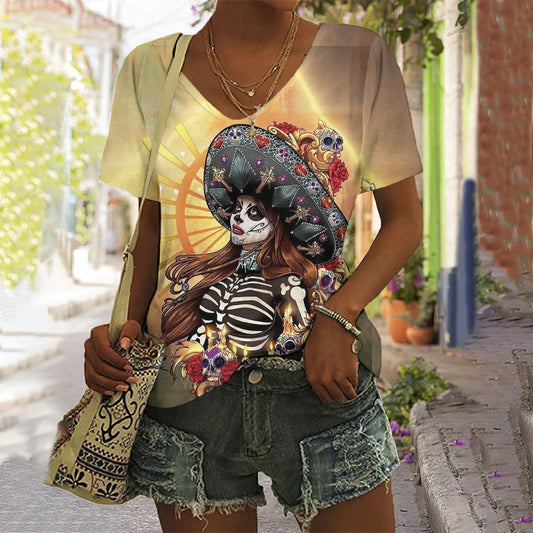 Mexican Linda La Catrina Day Of The Dead Art Pattern Print Cotton Graphic T-Shirt
