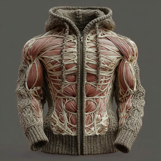 Men's Skull Line Art Knit Zip-up Hooded Sweater