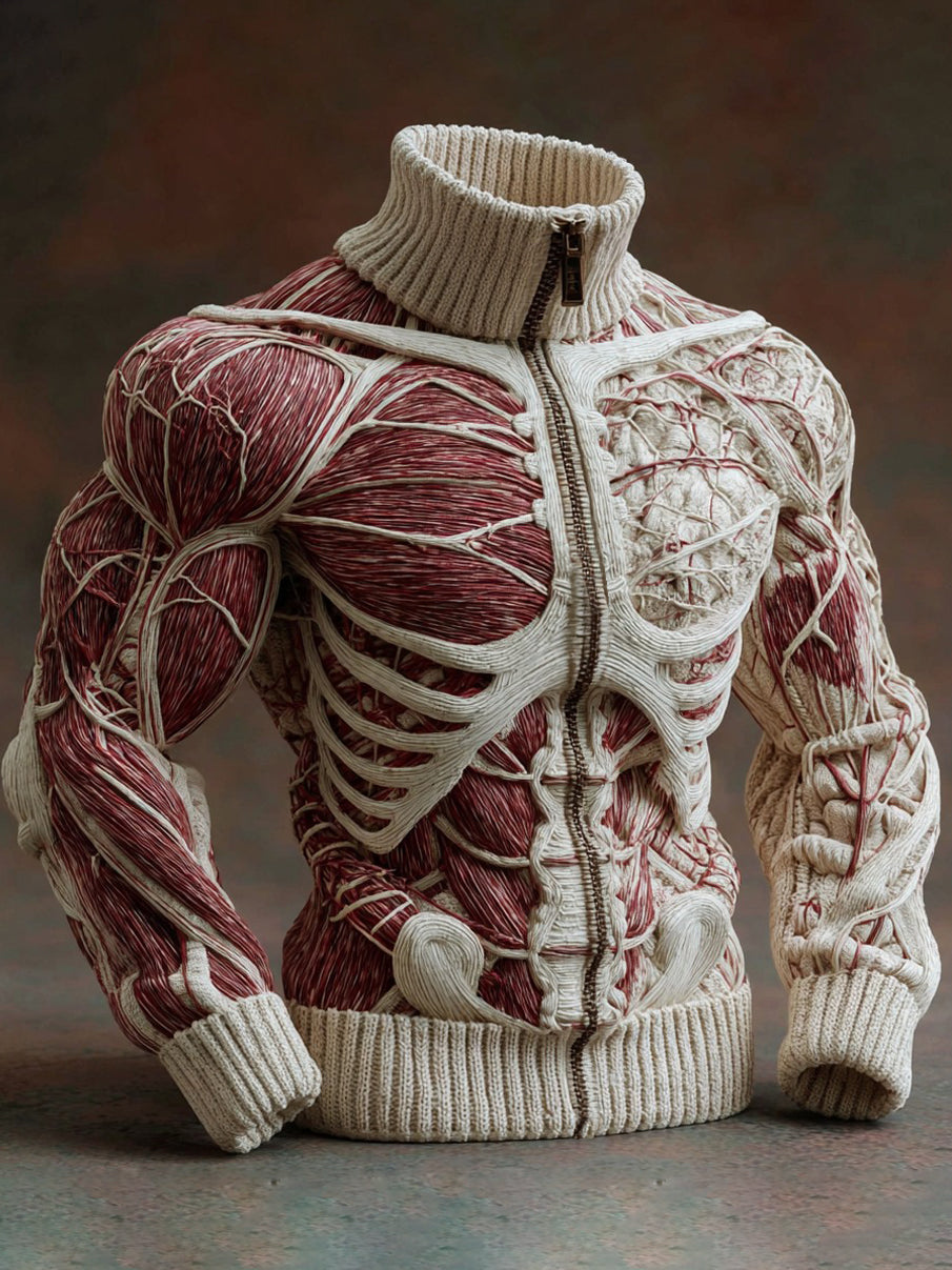 Men's Vintage Muscles Anatomy Art Jacquard Cozy Knitted Zipper Cardigan