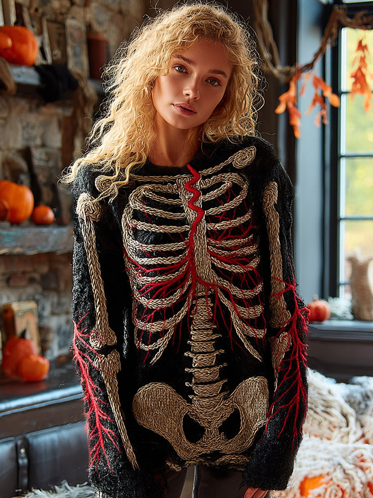 Vintage Halloween Vascular In Skeleton Bones Art Chunky Knitted Sweater
