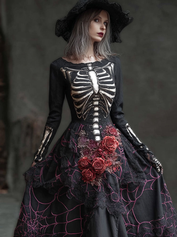 Women Halloween Human Anatomy Flower Round Neck Long Dress