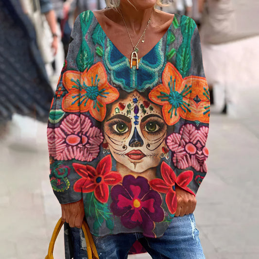 Classy Mexican Sugar La Catrina Day Of The Dead Inspired Pattern Art Printed V-Neck T-Shirt