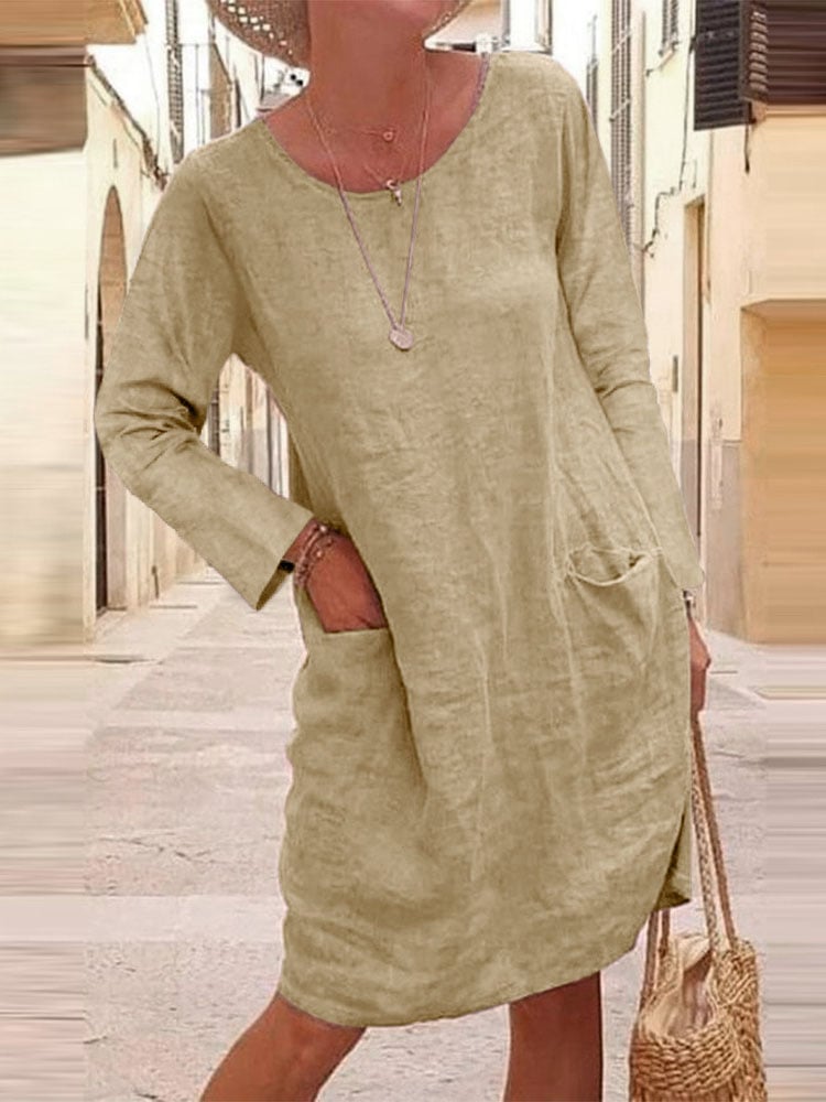 Women's Solid Color Pocket Long Sleeve Round Neck Cotton Linen Dress
