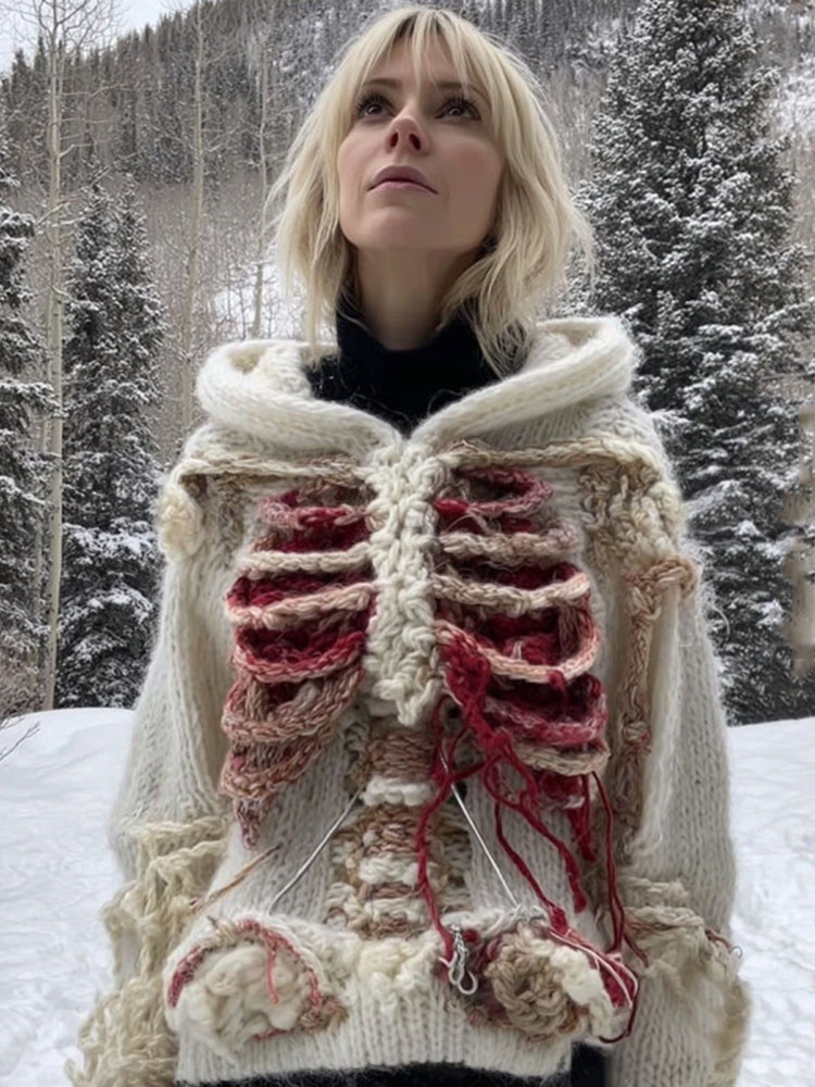 Women's Vintage Halloween Skeleton Art Cozy Hooded Sweater