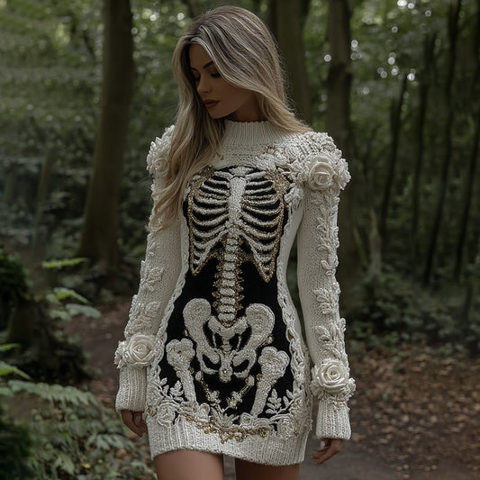 Women's Vintage Halloween Skeleton Bones With Rose Art Cozy Knit Mini Sweater Dress