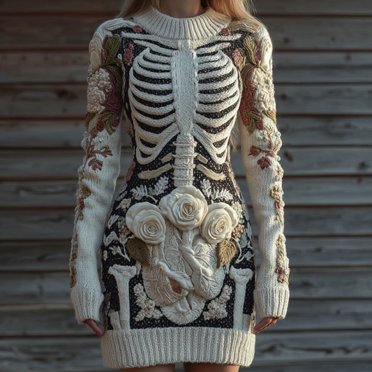 Halloween Human Anatomy Pattern And Flower Pattern Combined Design Women's Round Neck Knit Sweater Dress