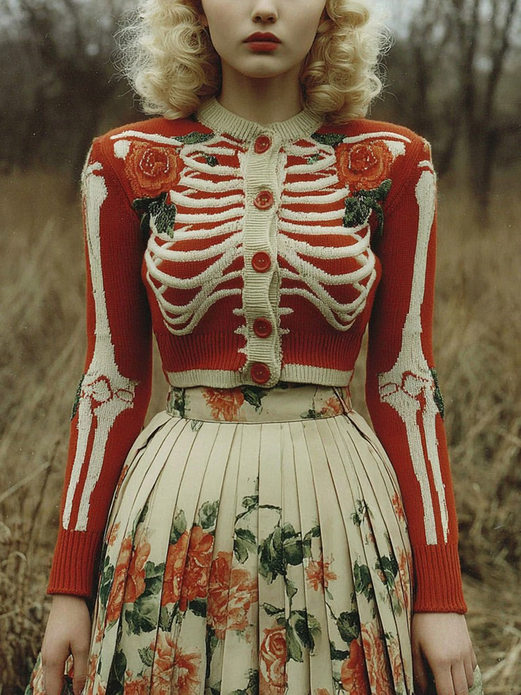 Women's Vintage Rose Skull Ribbed Pattern Cozy Knitted Sweater Cardigan