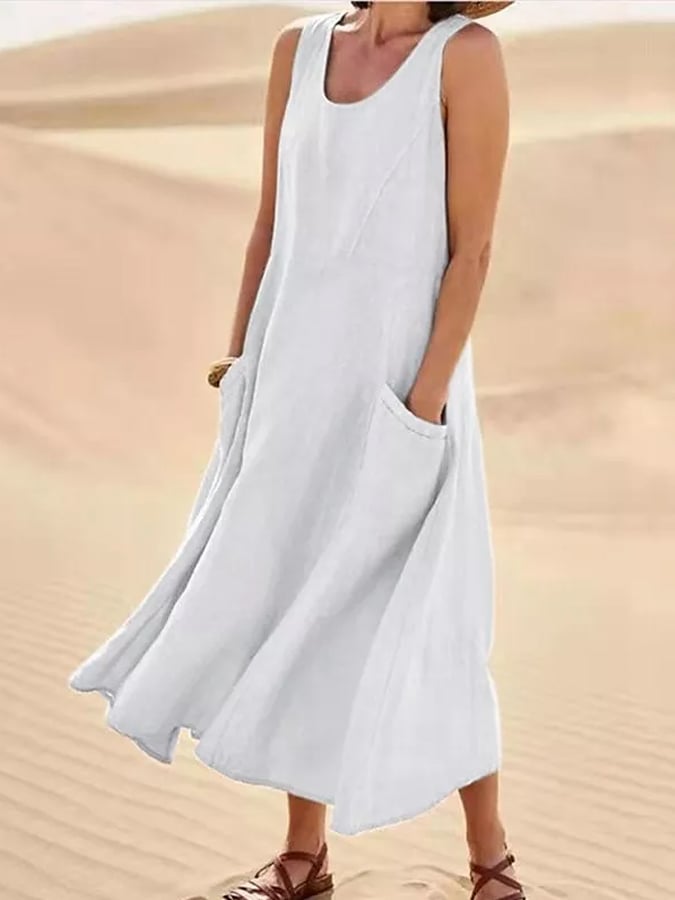 Women's Casual Pure Color Sleeveless Cotton Dress