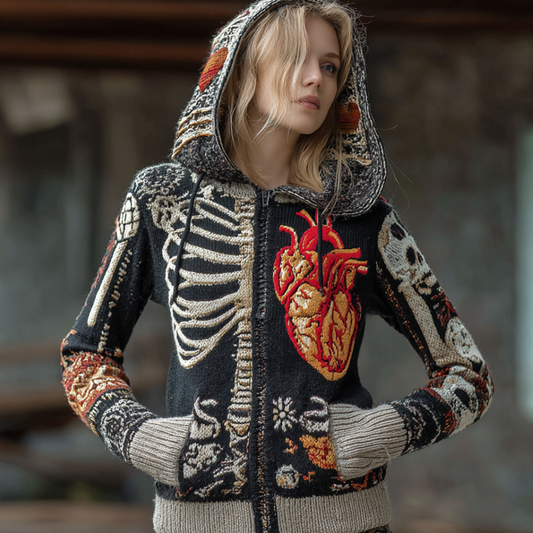Halloween Skeleton Pattern Women's Knit Hooded Sweater Jacket