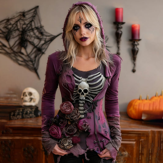 Women's Halloween Rose Skull Witch Cosplay Hooded T-shirt