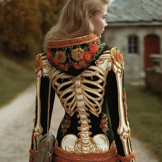 Women's Halloween Human Anatomy And Flower Art Embroidery Hoodie