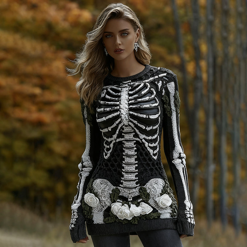 Women's Halloween Skeleton Bones With Roses Art Knitted Warm Sweater
