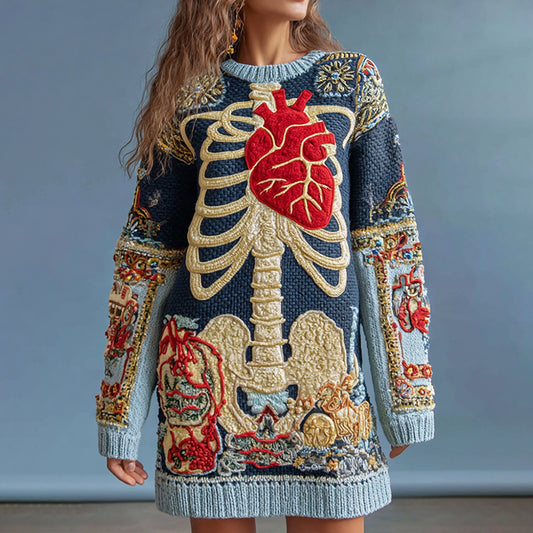 Vintage Halloween Anatomy With Cardiovascular Art Chunky Knitted Sweater Dress