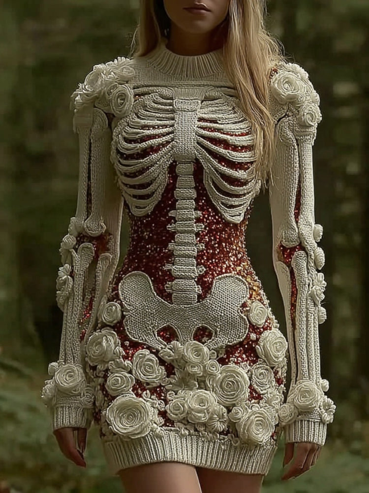 Women's Vintage Halloween Skeleton Bones Rose Art Cozy Knit Mini Sweater Dress
