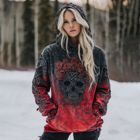 Women's Vintage Viking Tribal Skull Flower Gradien Art Cozy Hoodie