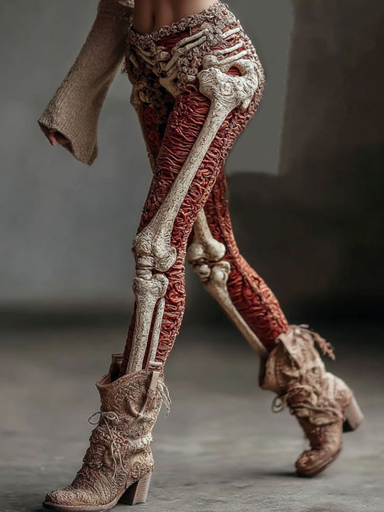 Women's Vintage Halloween Skeleton Art Knit Leggings