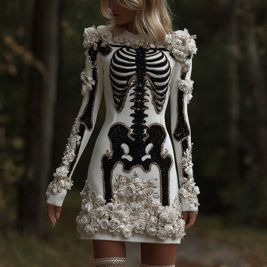 Classy Skull And Roses Art Cozy Knit Sweater Dress