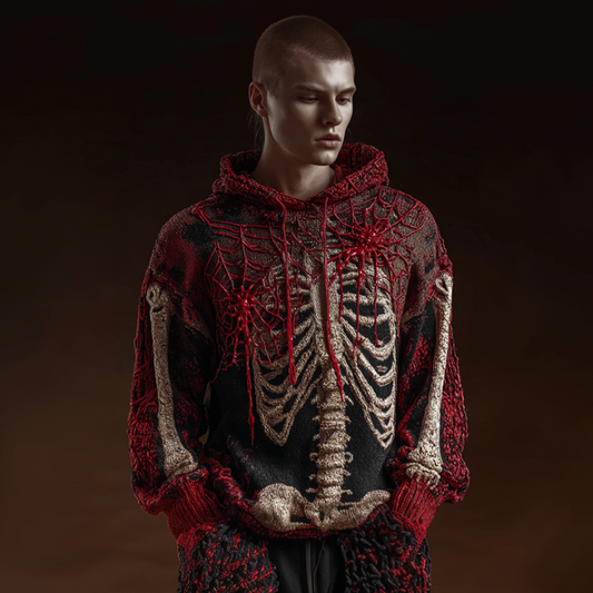 Halloween Spider And Skeleton Skeleton Design Men's Hooded Knit Sweater