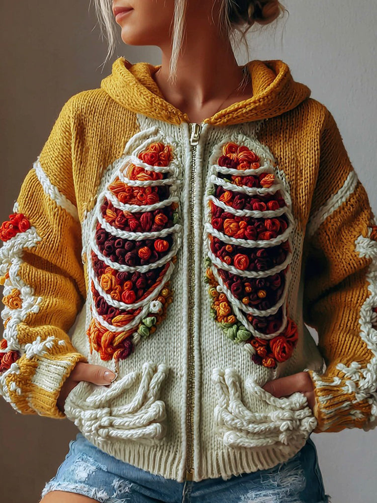 Women's Anatomical Skull And Floral Embroidery Cozy Zip-up Hooded Sweater