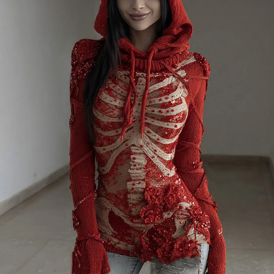 Women's Halloween Rose Skull Sequined Knitted Hooded Sweater