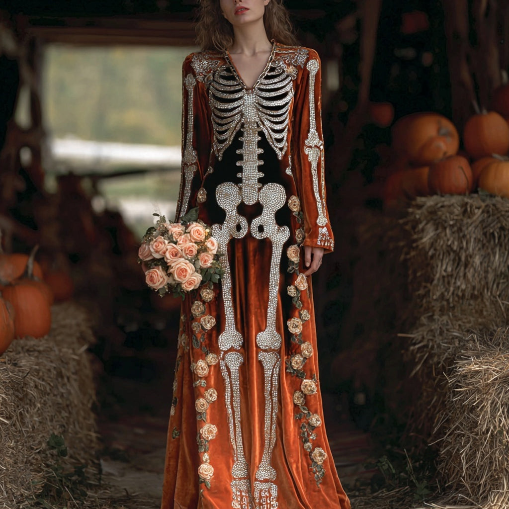 Vintage Glitter Skeleton Roses Embroidered Comfy Maxi Velvet Dress