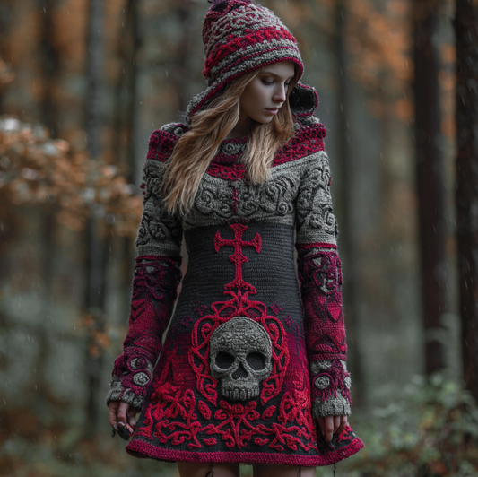 Halloween Viking Style Lady Hooded Knit Sweater Dress