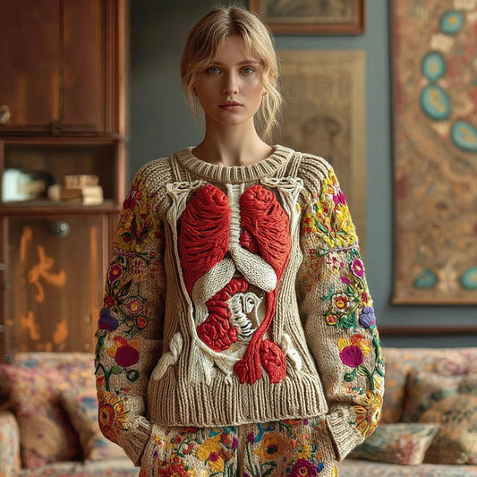 Women's Classic Halloween Anatomy Flower Art Cozy Knit Pullover Sweater