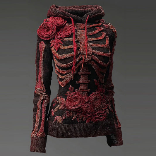 Vintage Halloween Anatomy And Rose Art Knit Hooded Sweater