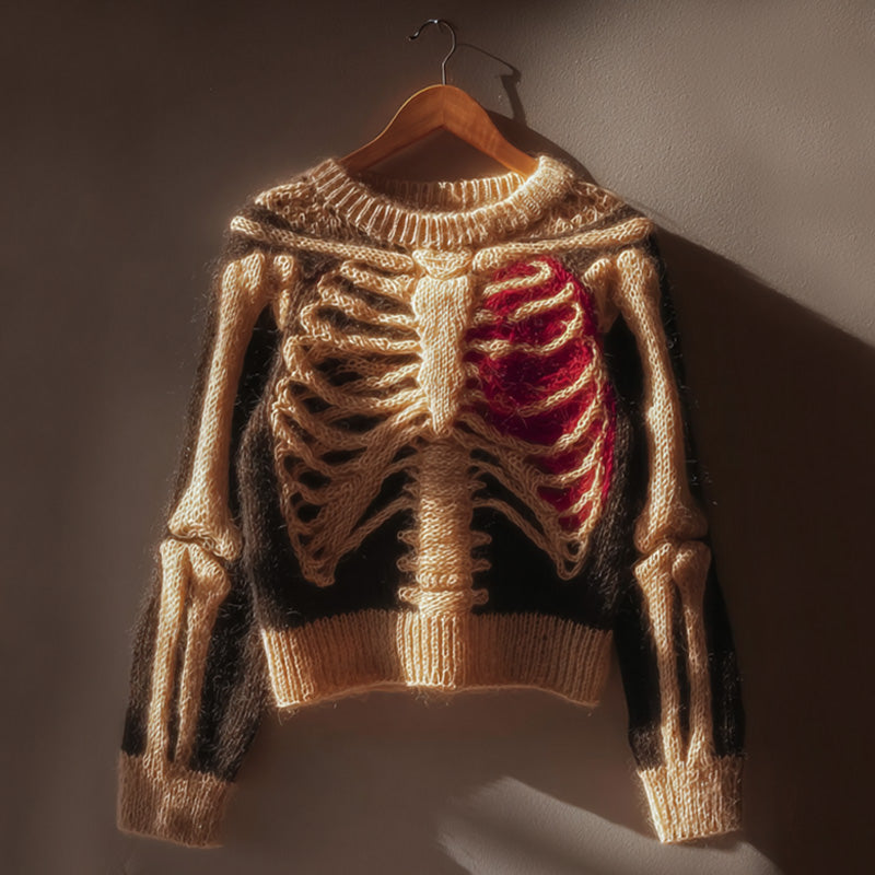 Vintage Halloween Human Anatomy Art Sense Thick Needle Round Neck Sweater